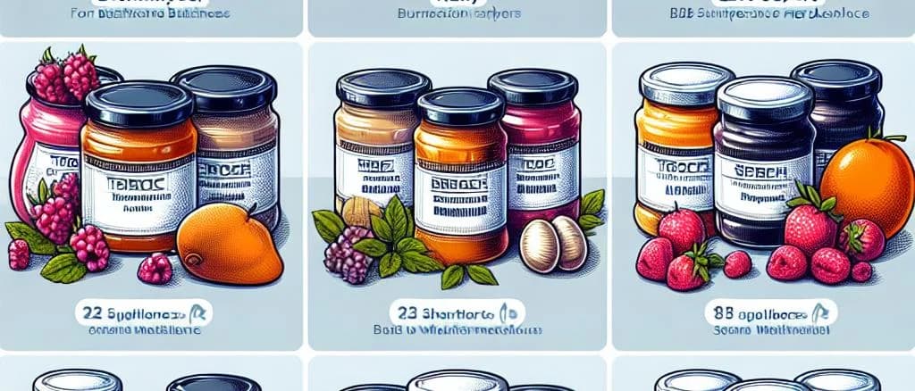 Three jars of dietary jam with colorful labels on a wooden table background