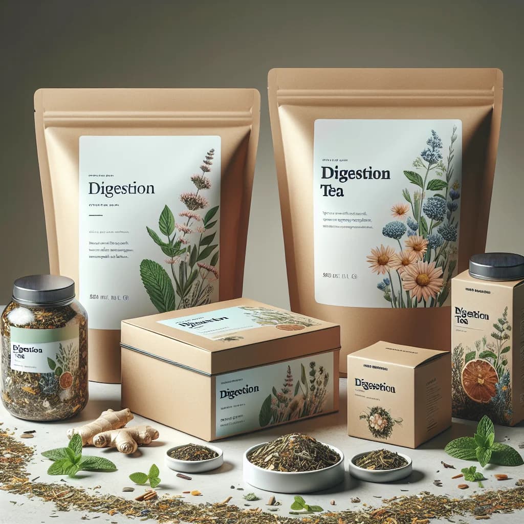 digestion tea varieties on a clean background showcasing packaging for bulk and private label options