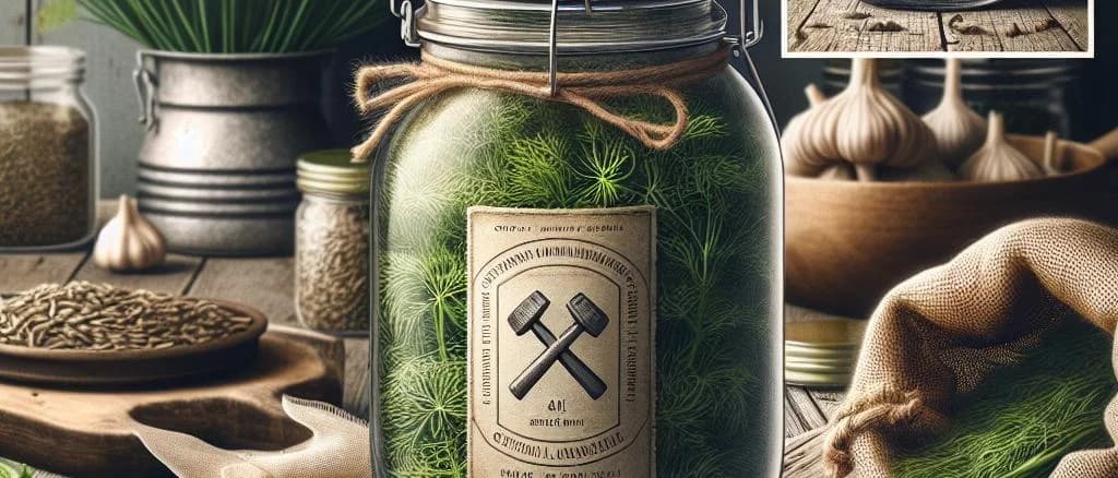 Fresh dill sprigs and dill seasoning containers on a wooden background