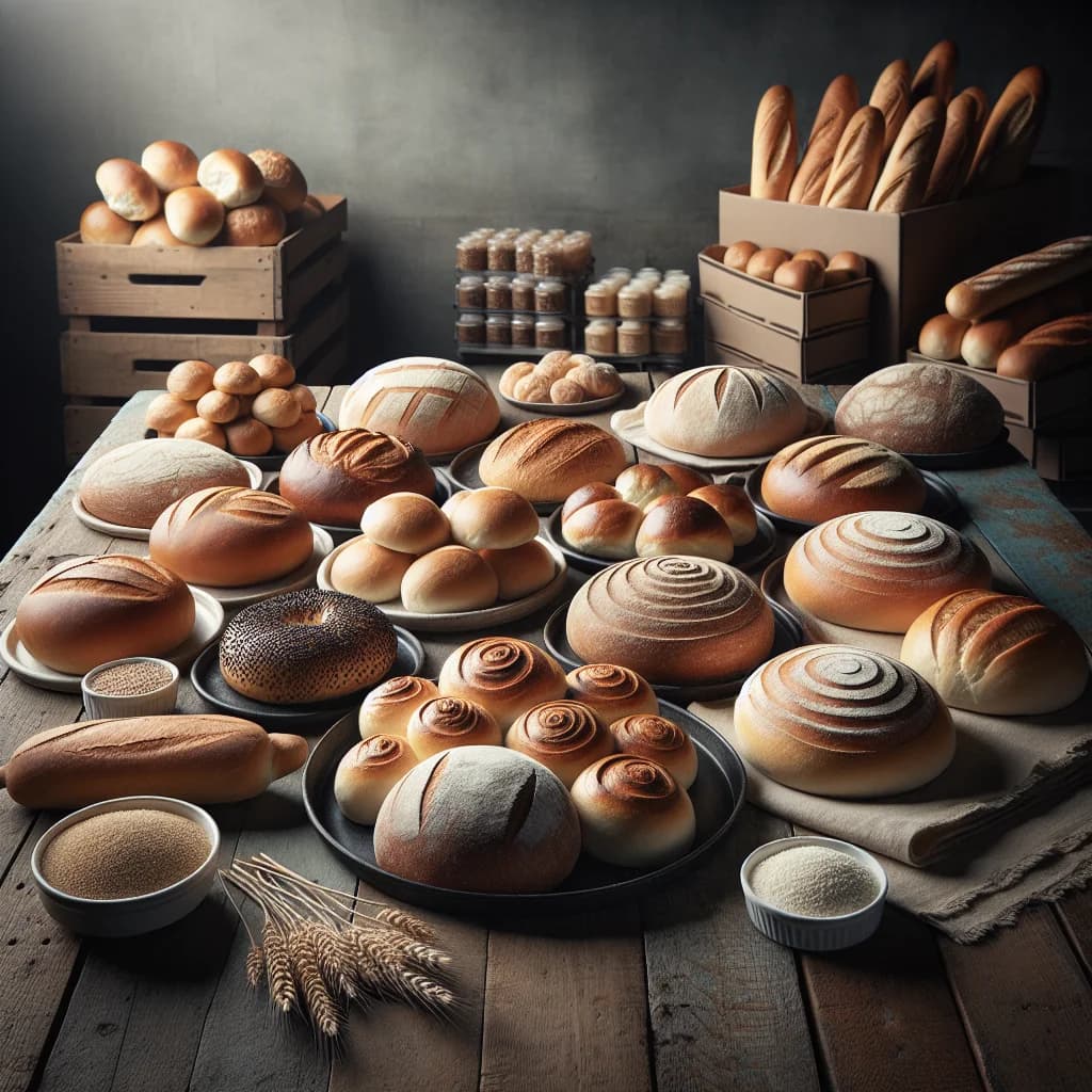 assorted dinner rolls in bulk packaging on a professional countertop
