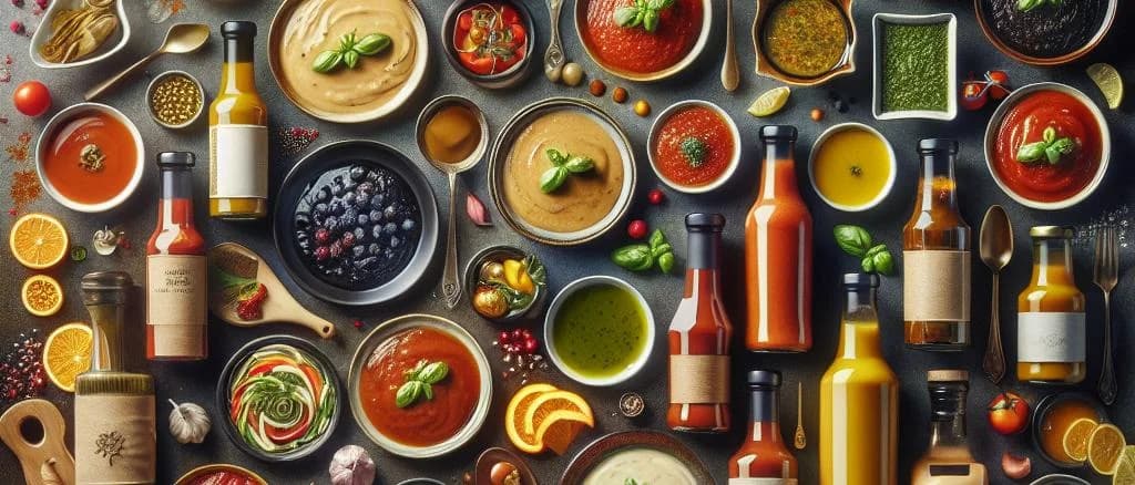 variety of dinner sauces in jars and bottles on a rustic wooden background