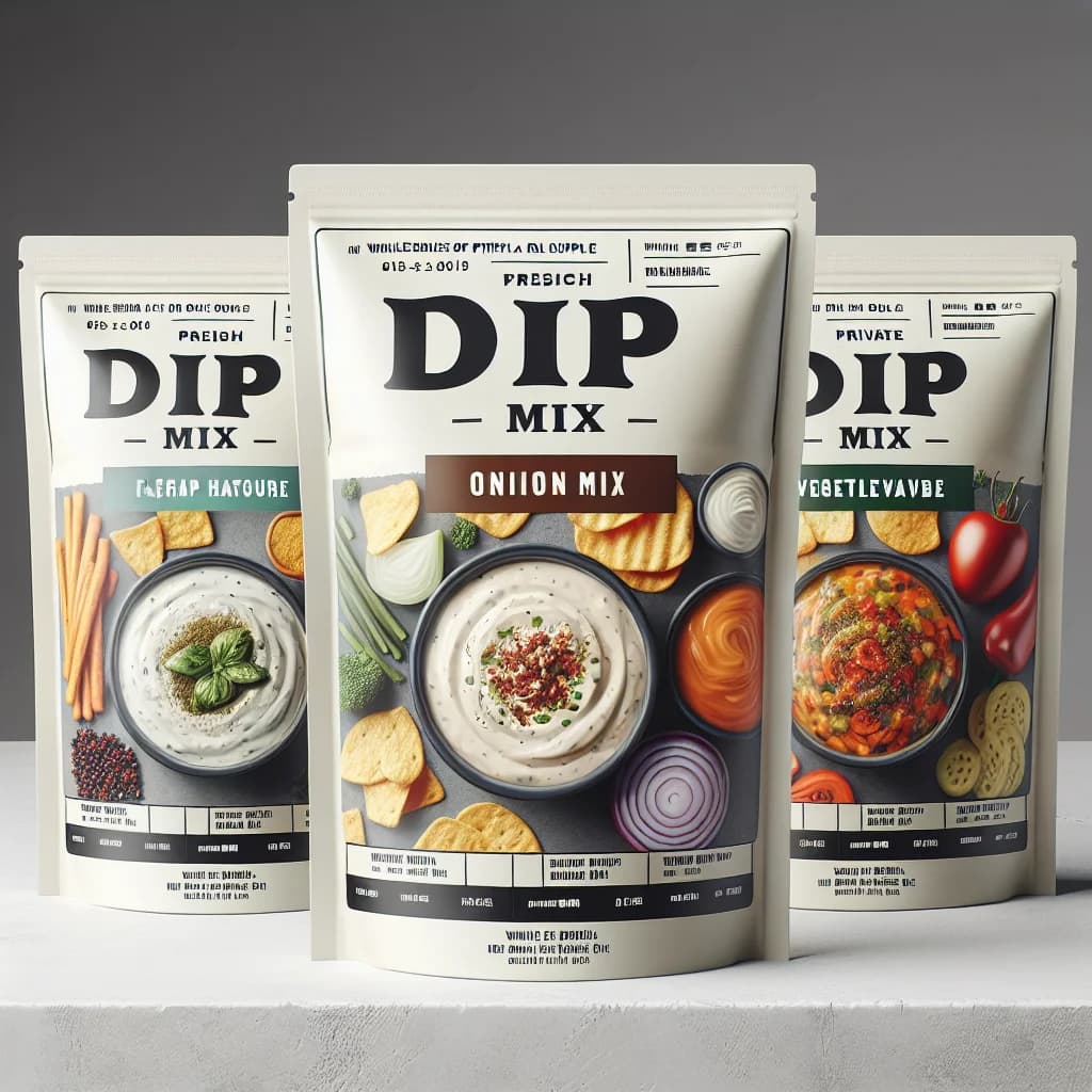 variety of dip mix products in professional packaging on clean background