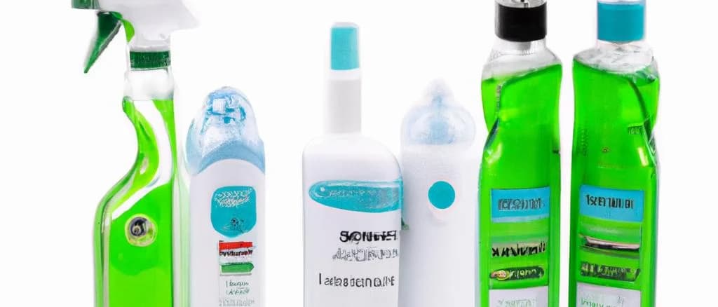 varied disinfectant products, including sprays and bottles, against a clean, sterile background