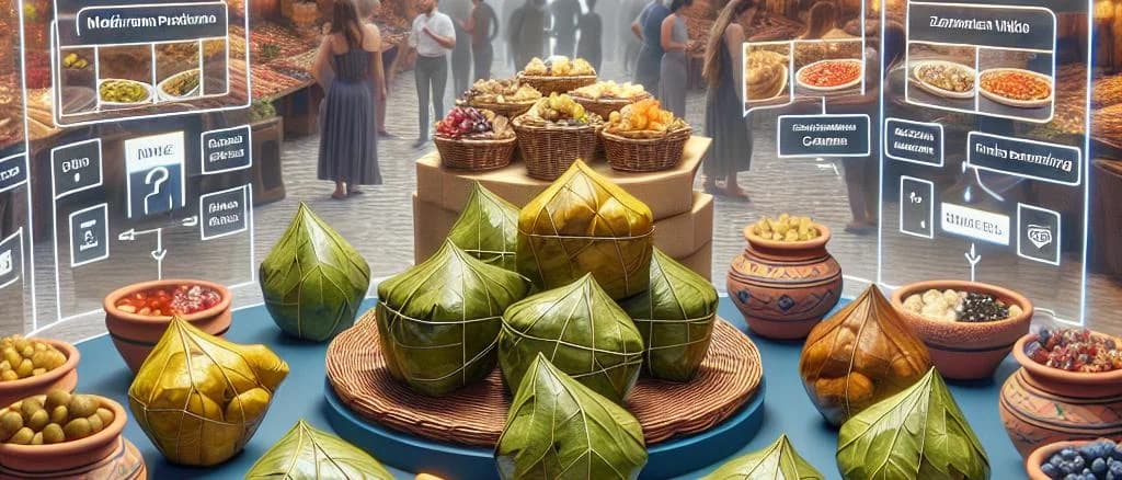 Variety of dolmas with different fillings and packaging options on a wooden background