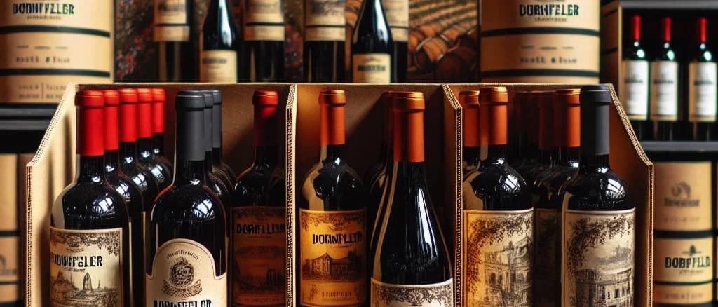 Dornfelder red wine bottles on a wooden table with vineyard background