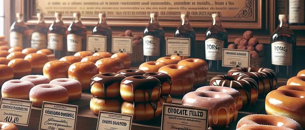 assorted doughnuts with various toppings on colorful backgrounds