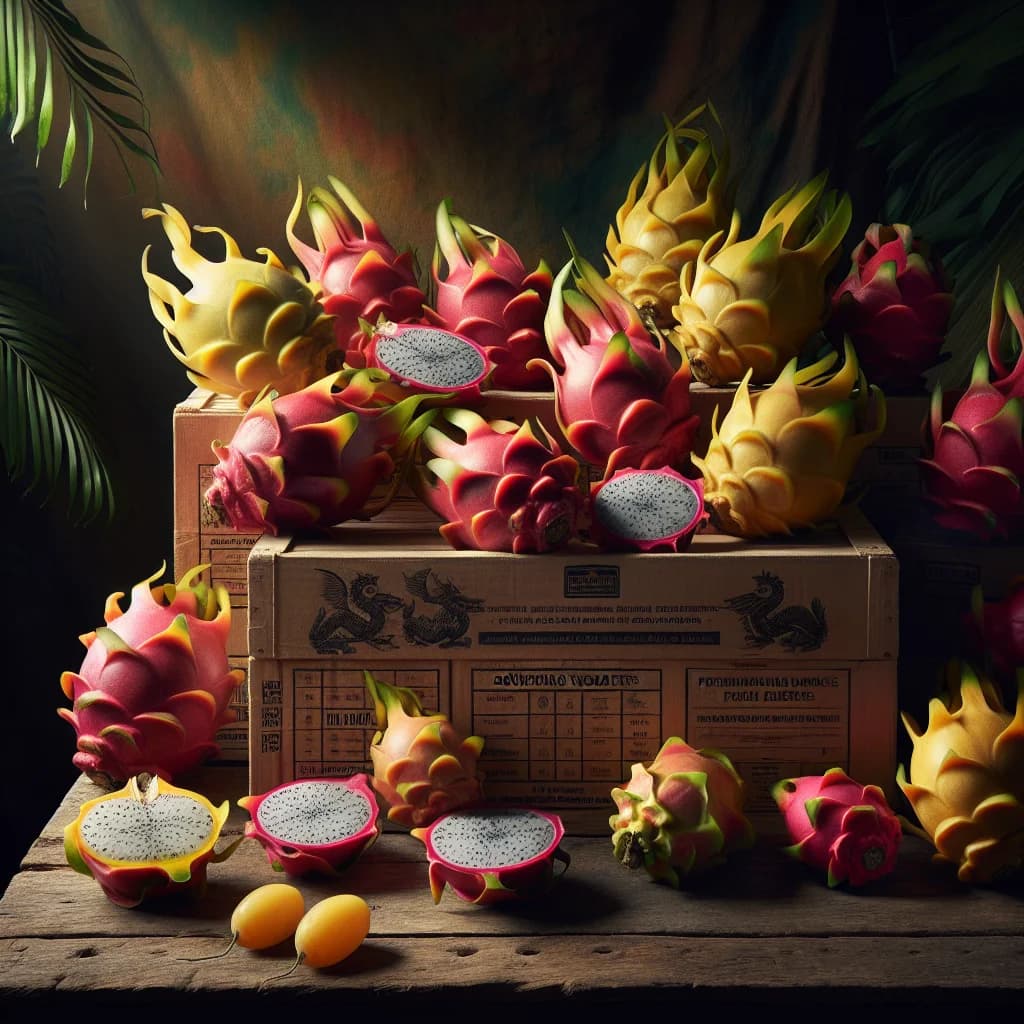 close-up of vibrant dragon fruit varieties on a rustic wooden table with natural light