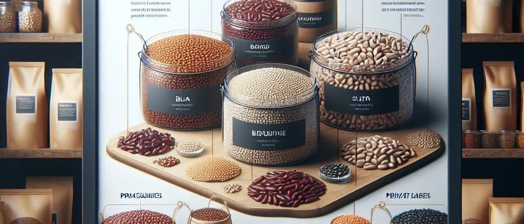 Assorted dried beans varieties with colorful packaging on wooden background