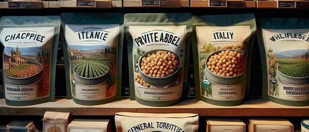 assorted dried chickpeas varieties with diverse packaging on rustic wooden background