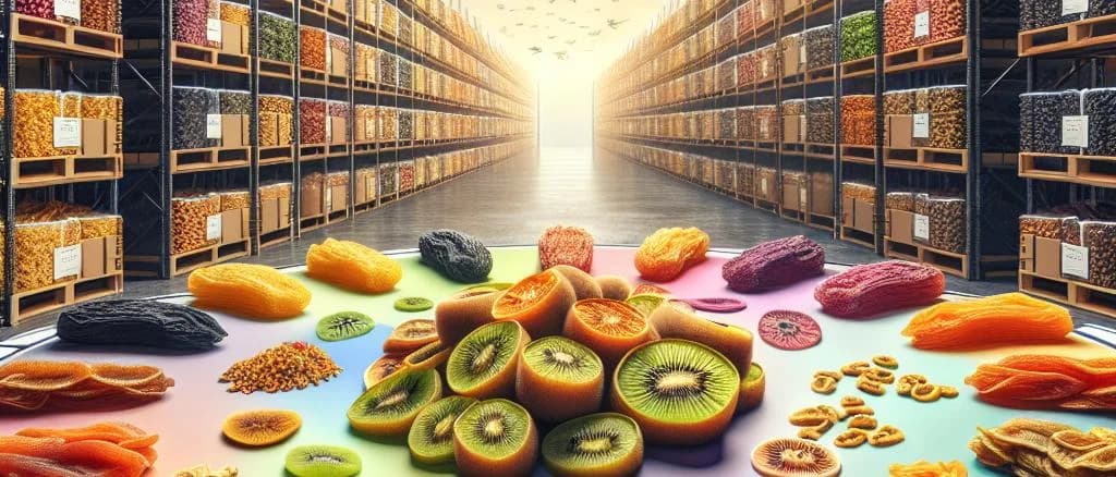Variety of dried kiwi products against a tropical background