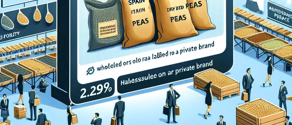 Various dried peas in biodegradable packaging on wooden background