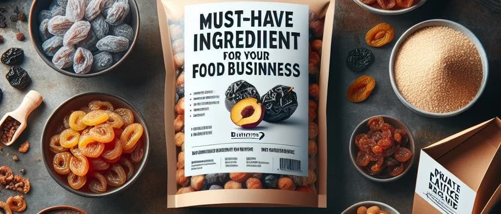 assorted dried prunes with varied packaging on a rustic wooden background