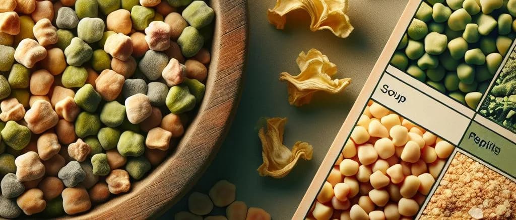 Dried split peas in various packaging options with neutral background