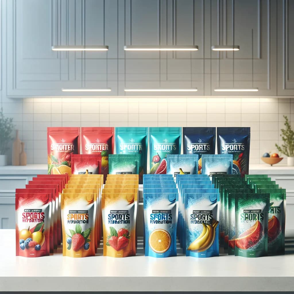 assorted drink mix packets with vibrant packaging on a clean countertop