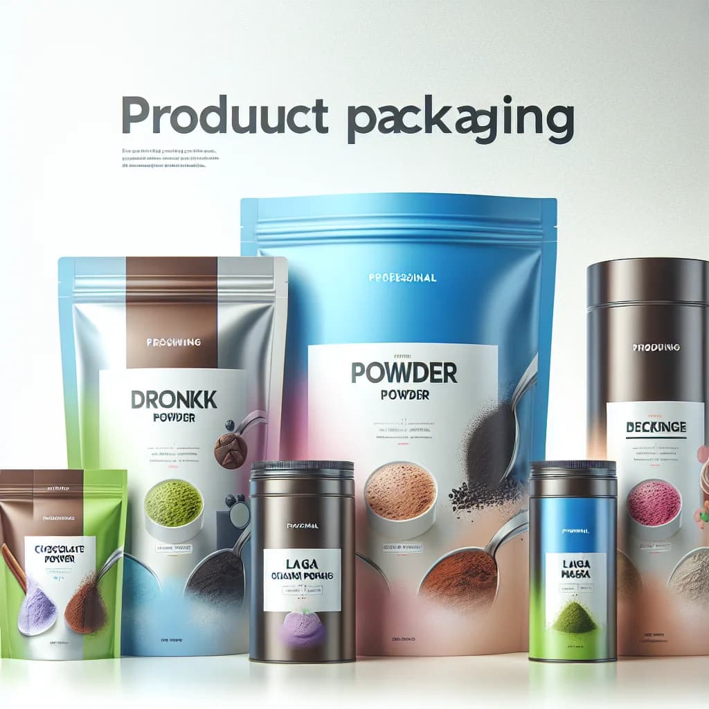 varieties of drink powder packaging on clean minimalist background