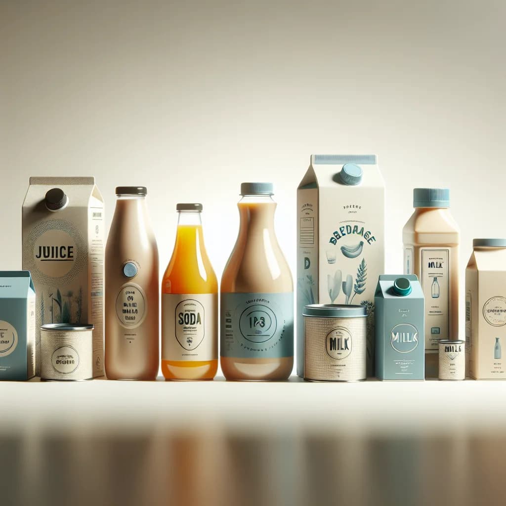 assortment of beverages in various packaging styles, including bottles, cans, and cartons, displayed on a clean white background