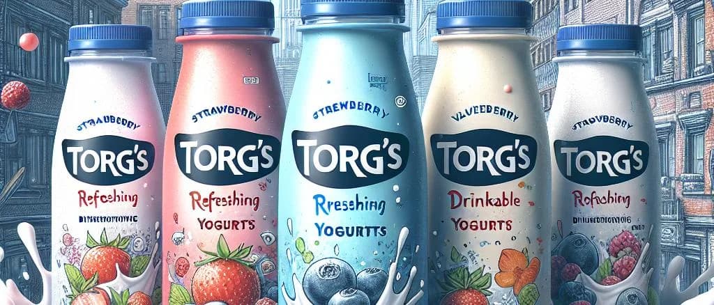 assorted drinkable yogurt bottles with colorful labels on a wooden table