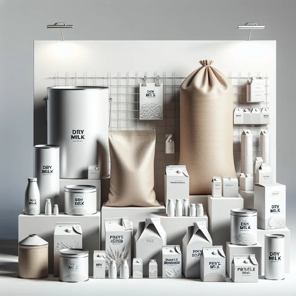 variety of dry milk packaging including bulk bags, tins, and cartons against a clean white backdrop