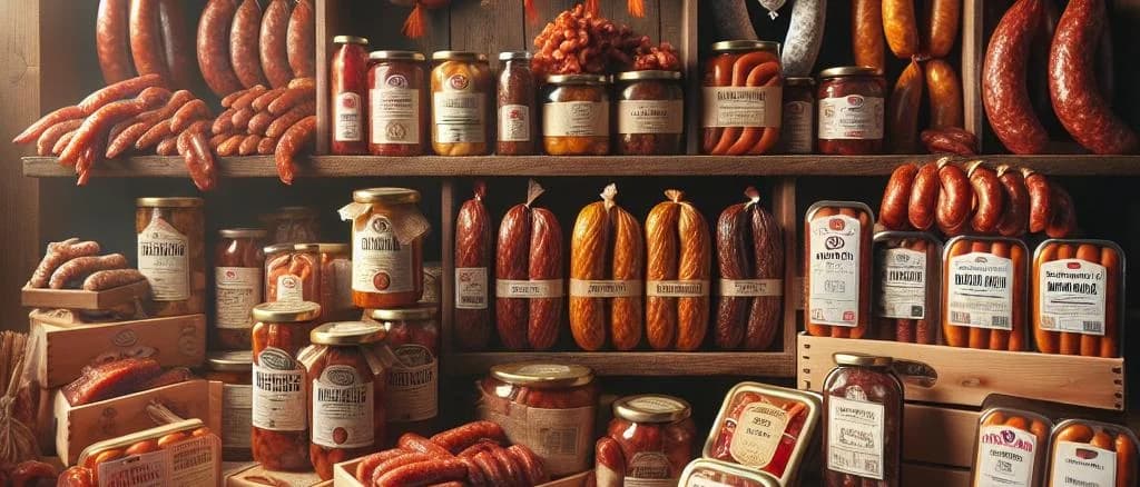 variety of dry sausages with diverse packaging on a wooden background