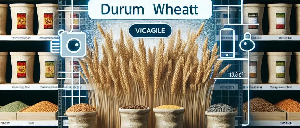 Various durum wheat grains in burlap sacks with diverse packaging styles