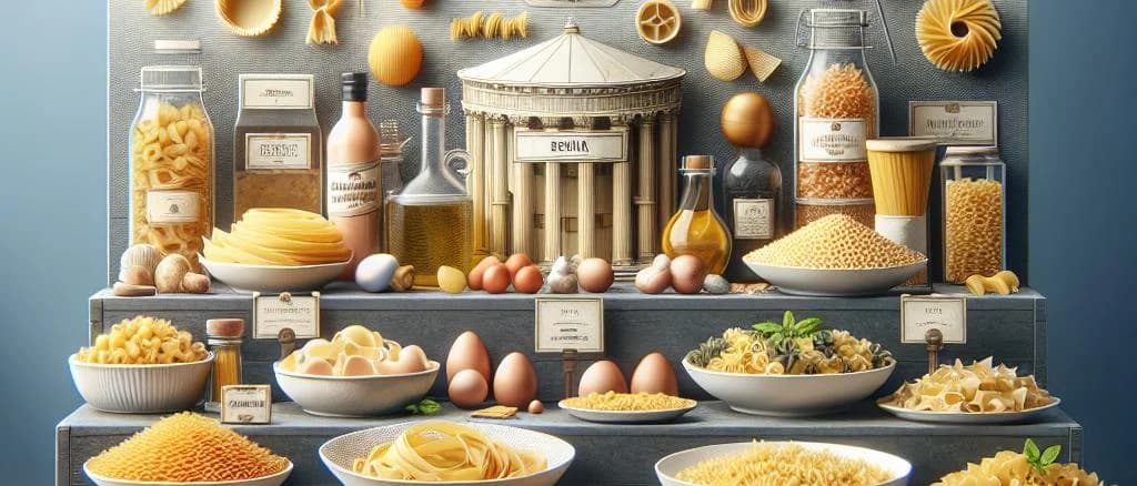 Assorted egg pasta variations with packaging, set against a rustic kitchen background
