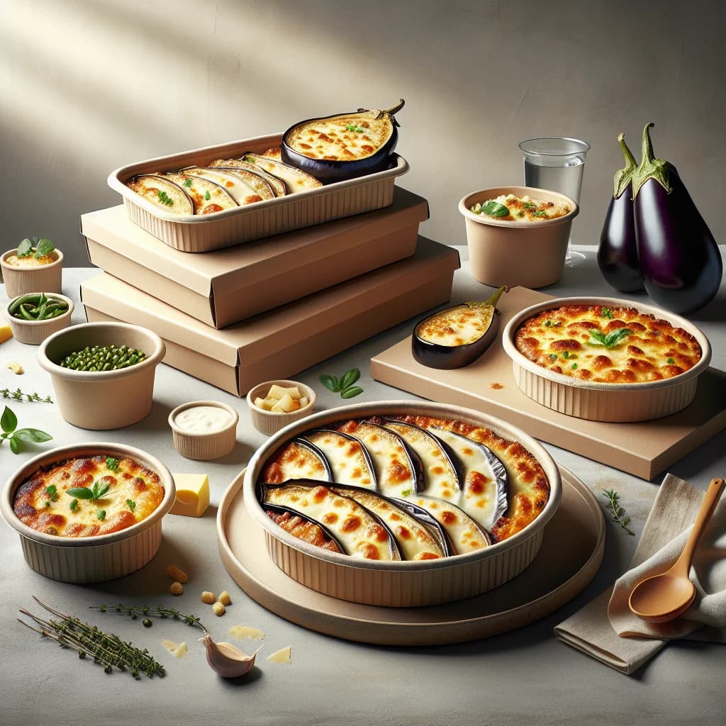 eggplant gratin in premium packaging with varied presentation styles on a neutral background