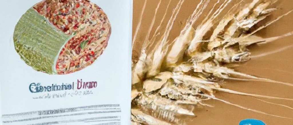 Freshly harvested einkorn wheat grains and flour with various packaging options displayed on a rustic wooden table.