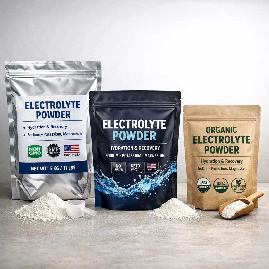 Electrolyte Powder in sleek packaging showcasing bulk and private label options on a clean, minimalistic background