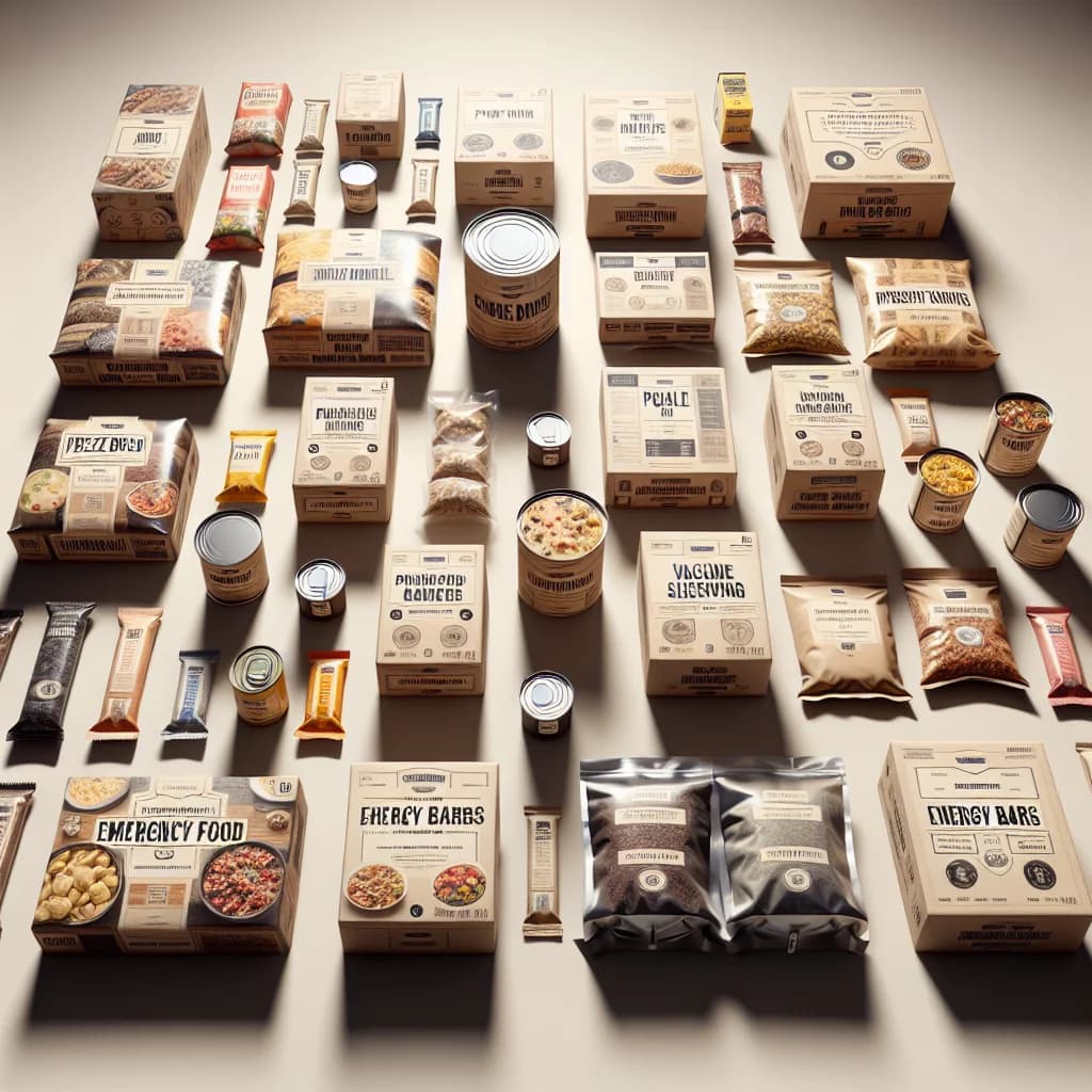 emergency food products in bulk packaging with certified labels on a clean white background