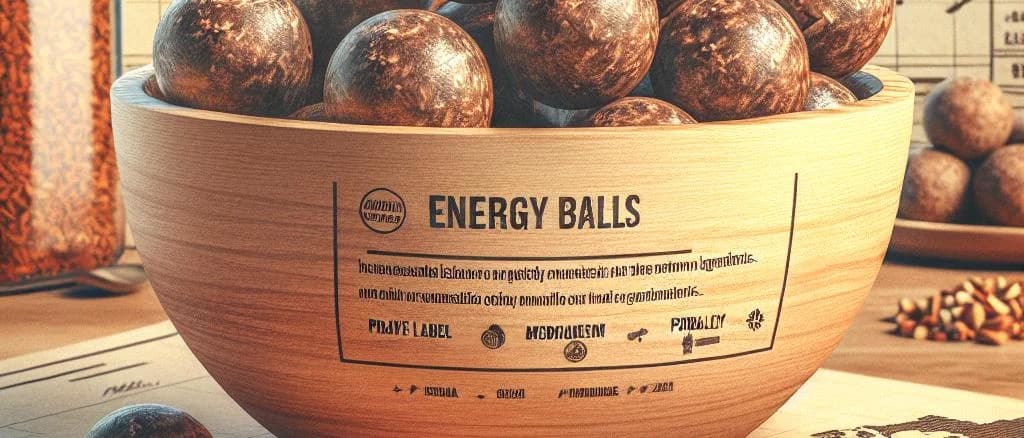 assorted energy balls with various packaging on a wooden table