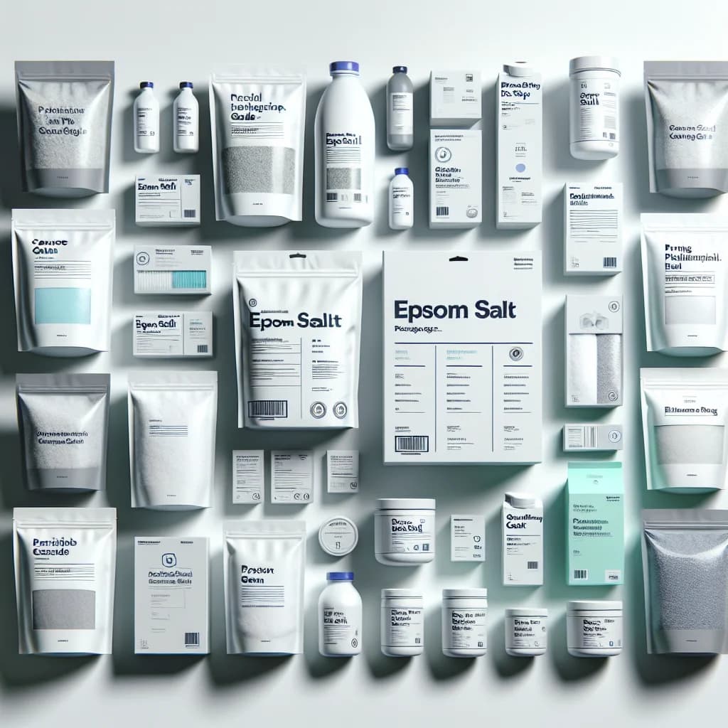 Epsom Salt packaging in bulk, showcasing different product variations on a clean, professional background suitable for B2B buyers