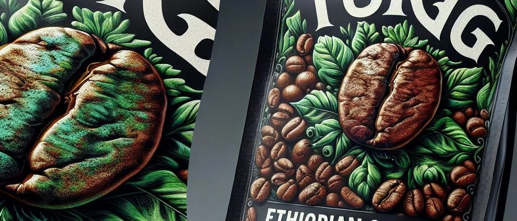 Various Ethiopian coffee packages displayed with traditional Ethiopian motifs in the background