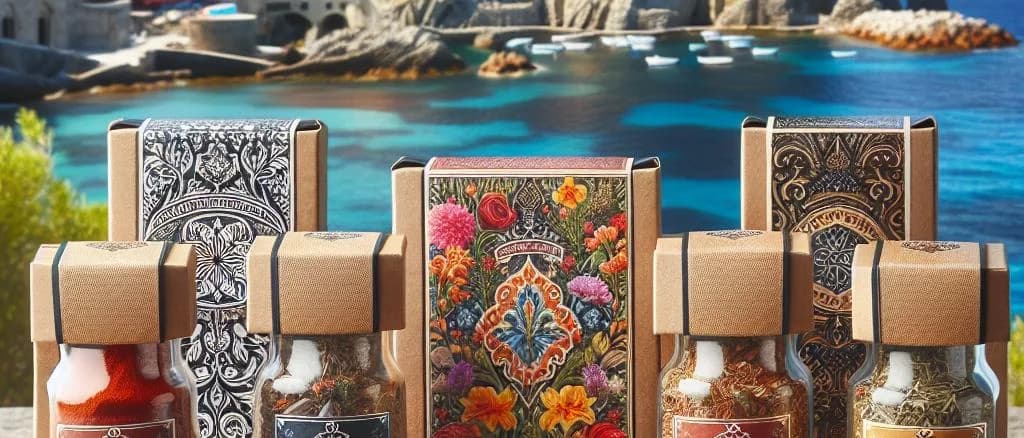 variety of packaged exotic spices against a natural backdrop