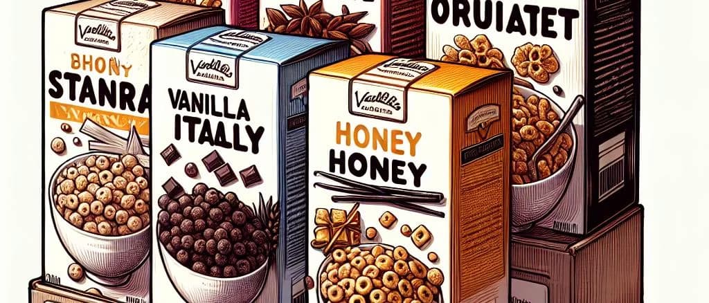 Extruded cereals in assorted shapes and packaging on a wooden background