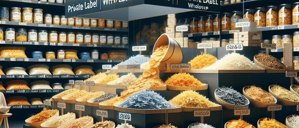 Assortment of extruded flakes in colorful packaging on a wooden background