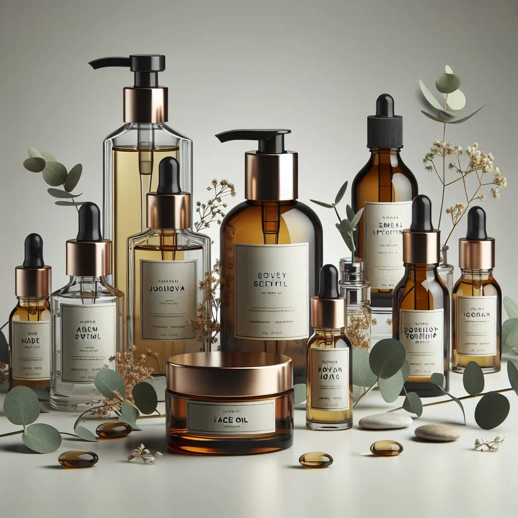 variety of face oil products in eco-friendly packaging with natural ingredients