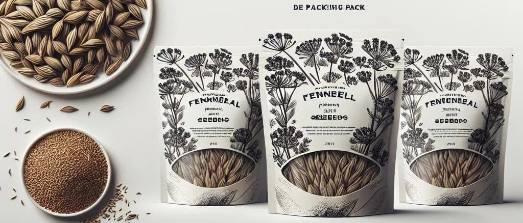 Variety of fennel seeds packaged in eco-friendly bags with a rustic background