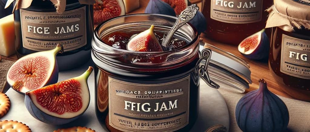 assorted fig jams in gourmet jars on rustic wooden table