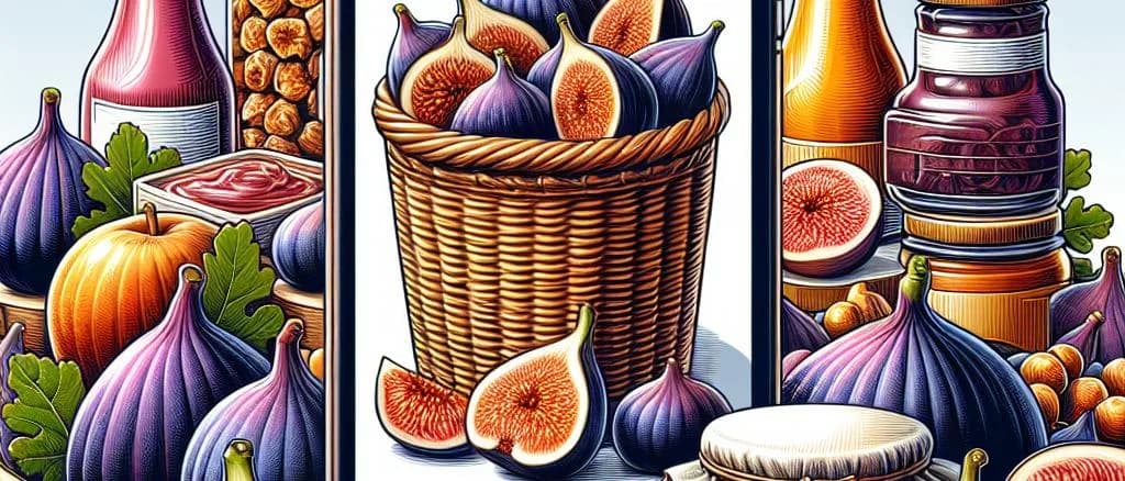 Assorted figs on wooden table showcasing different varieties and packaging styles