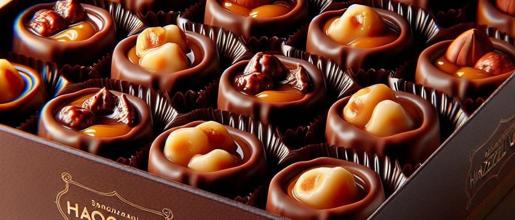 Assorted filled chocolates with vibrant packaging on a wooden background