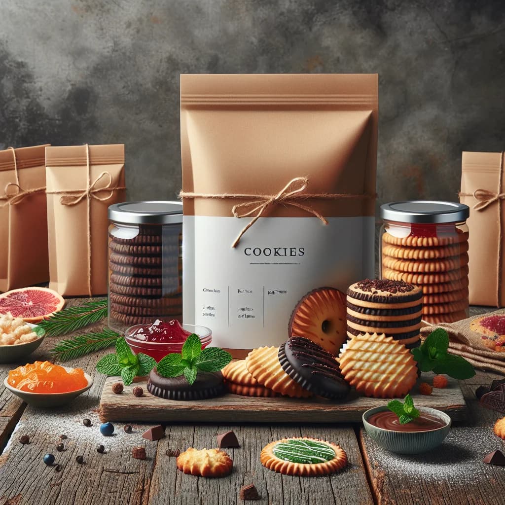 assorted filled cookies with various rich fillings and elegant packaging on bakery-themed background