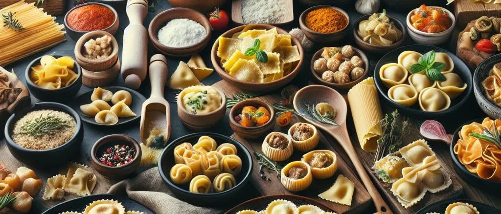 Assorted filled pasta varieties with packaging options on a clean background