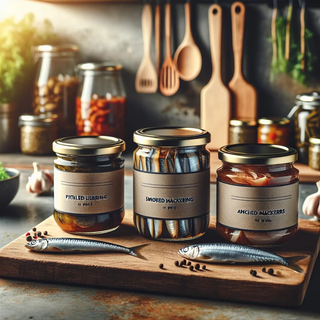 assorted fish preserves in jar packaging on a wooden countertop with rustic background
