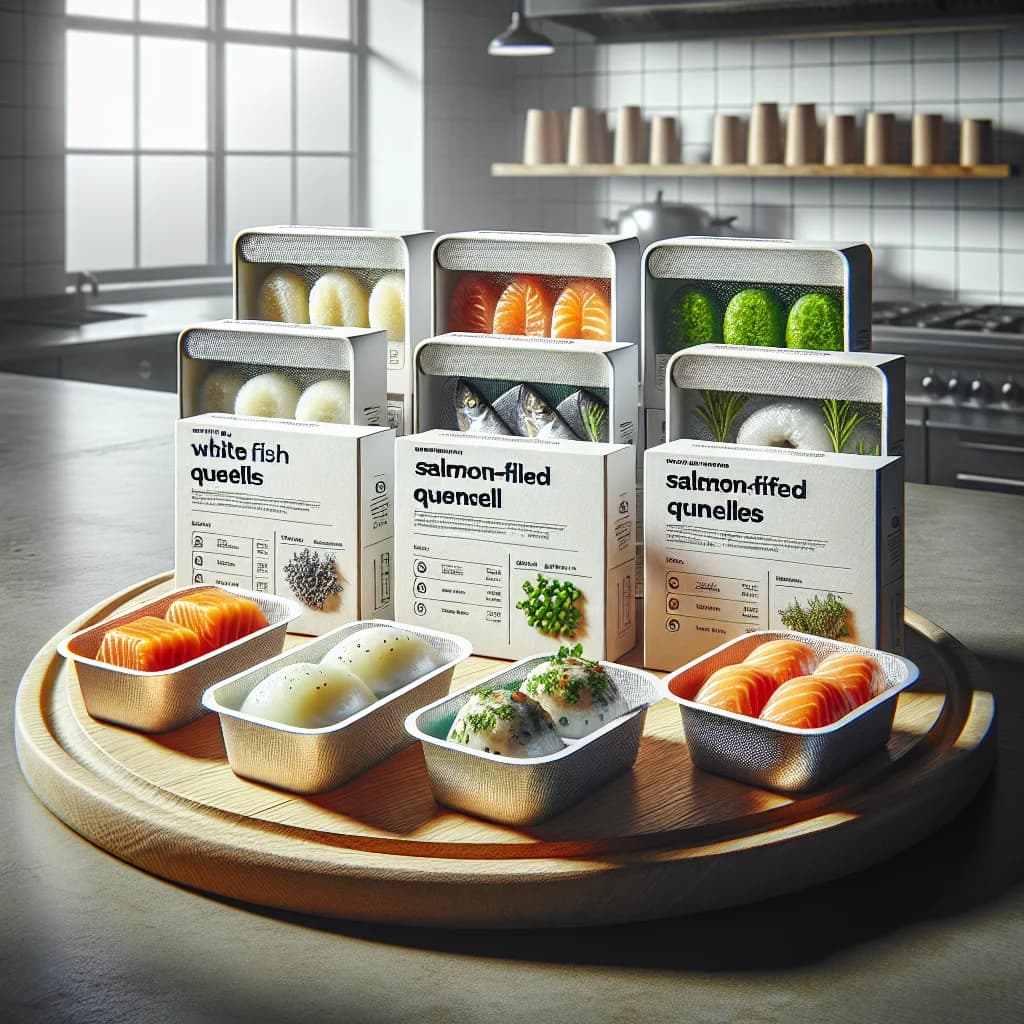 assorted fish quenelles in elegant packaging displayed against a neutral background