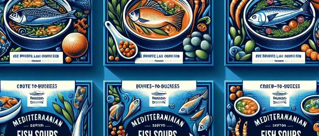 variety of fish soup products with distinct packaging in a kitchen setting