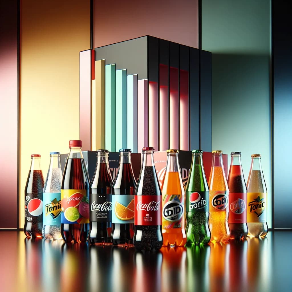 assorted fizzy drink bottles in vibrant packaging on a sleek countertop with colorful backgrounds