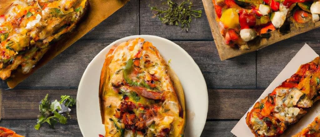 Traditional Flammekueche variations on a wooden table: classic, bacon and onion, and vegetarian option