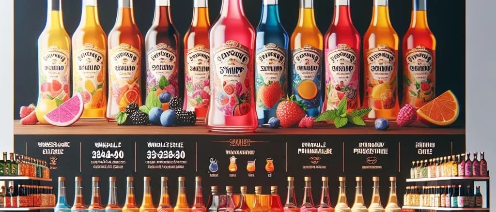 Three bottles of flavored syrups in varying packaging with vibrant backgrounds