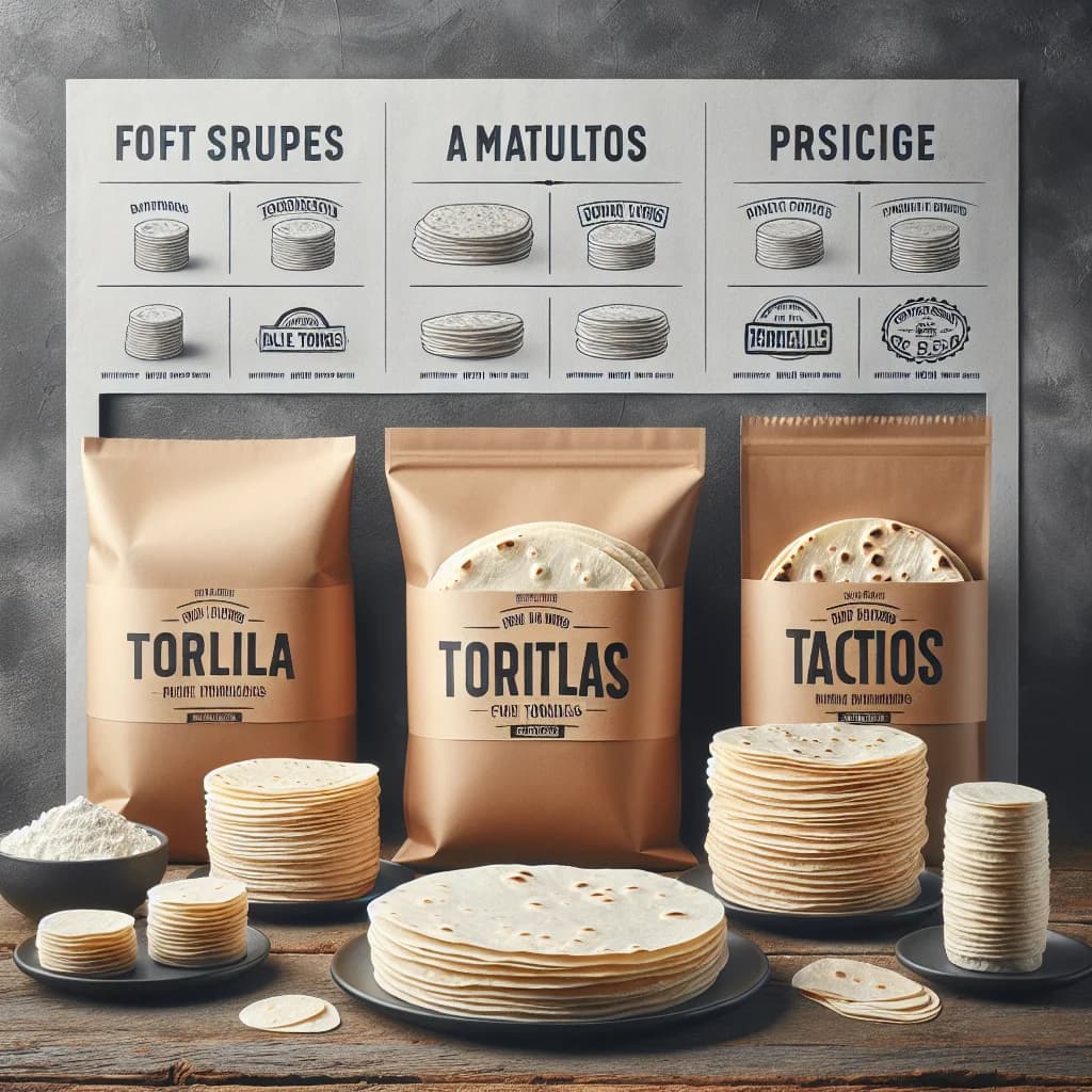 assorted flour tortillas stacked on wooden table with packaging for wholesale and private label options, showcasing soft and fresh tortillas in different sizes
