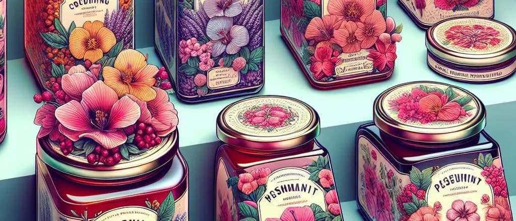 flower preserves in glass jars with various floral designs and labels